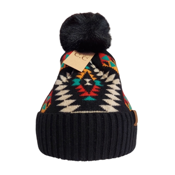 New Beanie Hat Womens Black Knit Hat Winter Beanie Warm Faux Fur Pompom - Picture 2 of 11